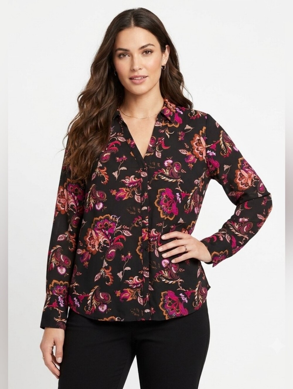 Liz Claiborne Black Button-Down Floral Blouse Size XL